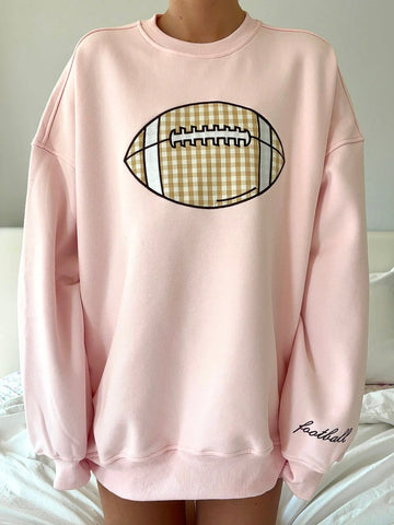 Soft Pink Gingham Football Embroidered Sweatshirt for Game Day Style