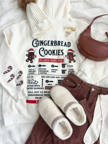 Cozy Ivory Hoodie with Gingerbread Recipe Embroidery for Christmas