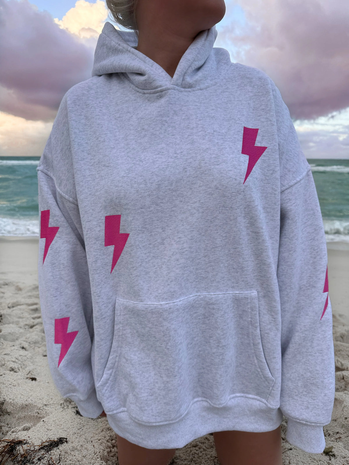 Pearl Grey Embroidered Lightning Bolt Hoodie for Effortless Street Style
