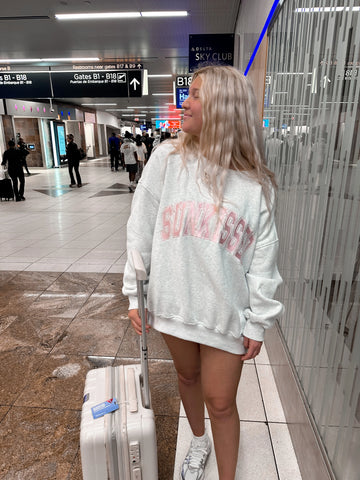 Pearl Grey Embroidered Varsity Sweatshirt with Pink Stitching