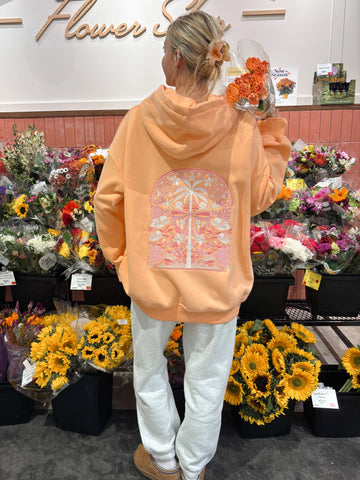 Vibrant Sherbet Orange Hoodie with Tropical Palms Print