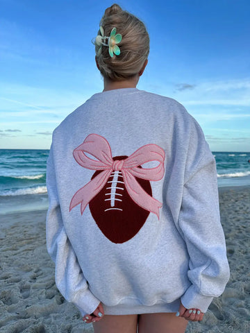 Game Day Embroidered Sweatshirt with Pearl Grey Pink Bow