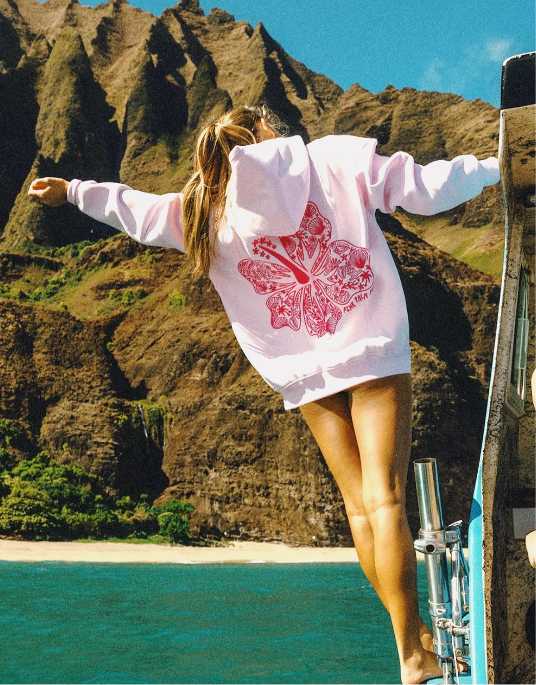Blush Pink Hoodie with Embroidered Hawaiian Hibiscus Flower