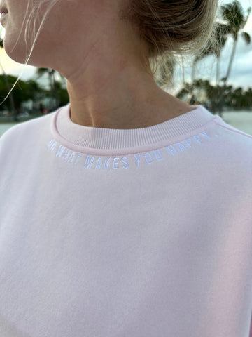 Embroidered Happy Vibes Sweatshirt in Soft Blush Pink