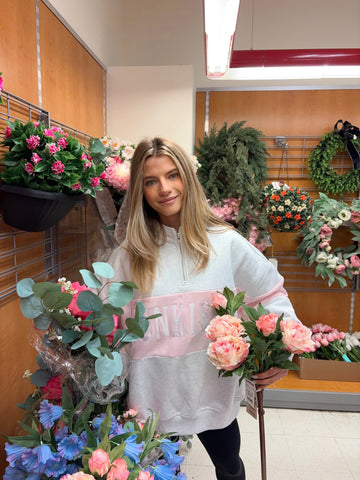 Pearl Grey Quarter Zip Sweatshirt with Pink Floral Embroidery
