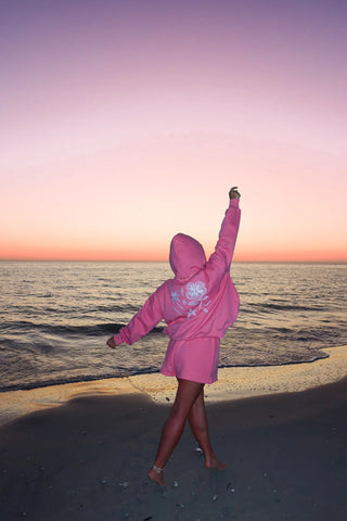 Tropical Embroidery Hoodie in Vibrant Hibiscus Pink for Boho Summer Style