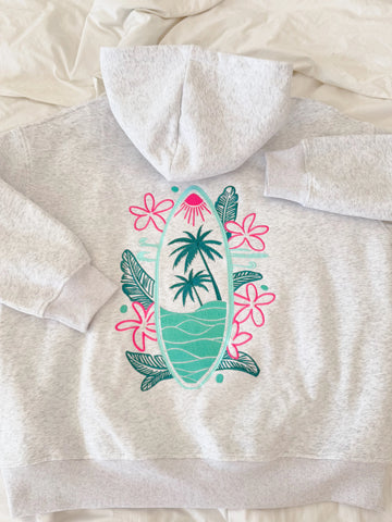 Pearl Grey Embroidered Hoodie with Surf Wave Design for Effortless Street Style