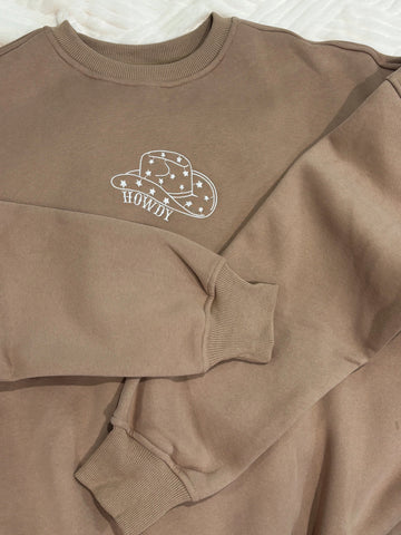 Cozy Embroidered Sweatshirt with Playful Cappuccino Howdy Design