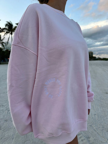 Embroidered Happy Vibes Sweatshirt in Soft Blush Pink