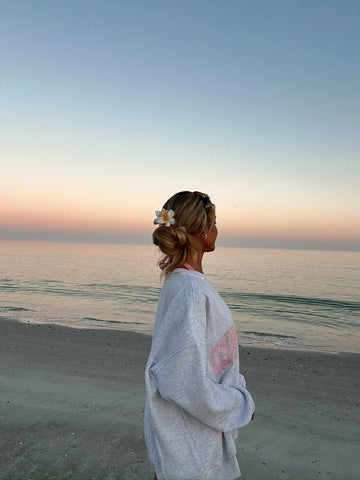 Pearl Grey Embroidered Varsity Sweatshirt with Pink Stitching