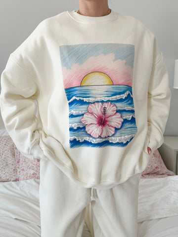Dreamy Ivory Ocean Sunset Graphic Sweatshirt for Effortless Cozy Style