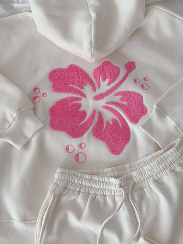 Ivory Floral Hoodie with Hibiscus Print for Everyday Boho Style