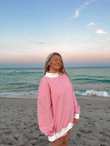 Bold Striped Mockneck Sweatshirt in Dark Pink and White for a Cozy Statement