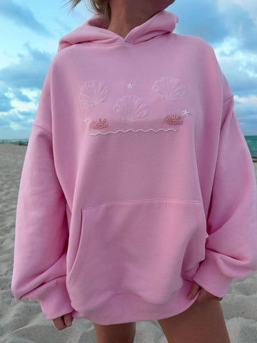 Oversized Pink Beaded Hoodie for Effortless Beachside Style