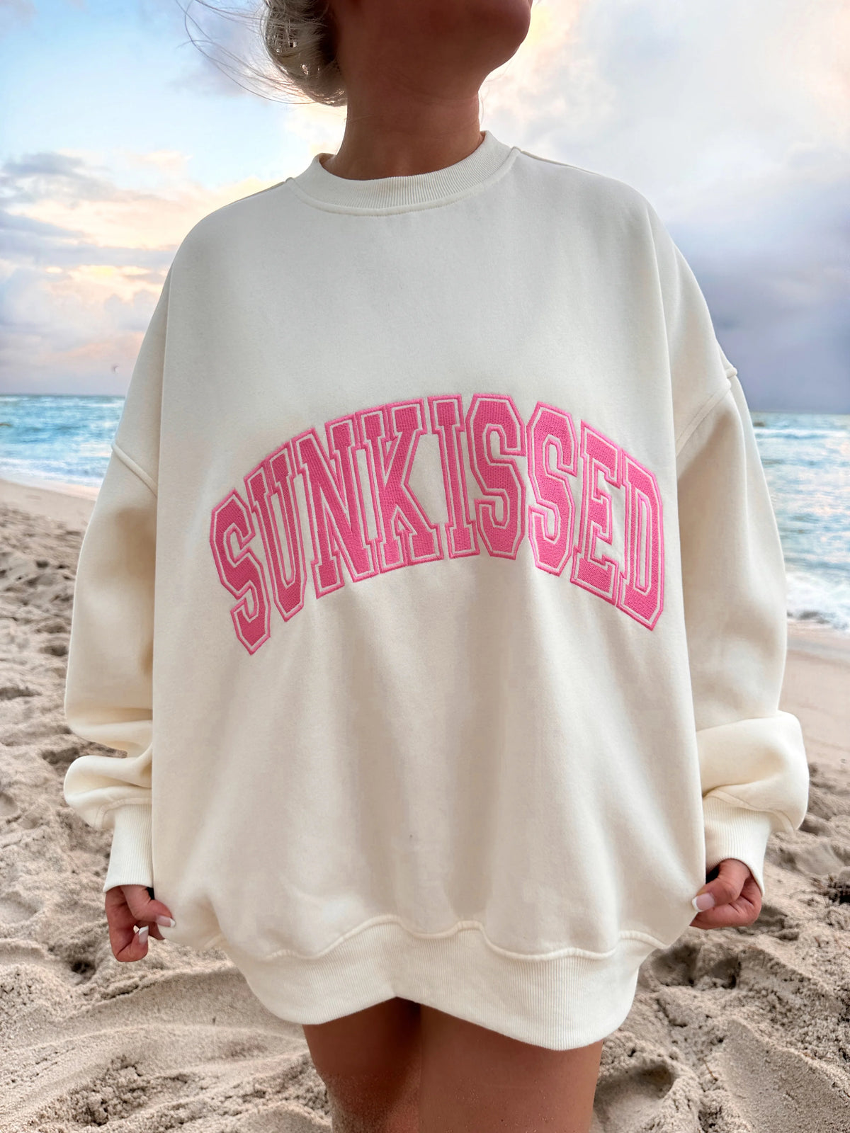 Vintage Embroidered Varsity Sweatshirt in Ivory and Pink