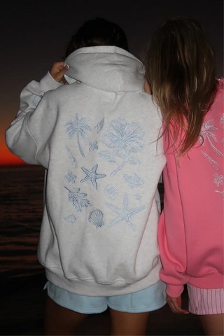 Cozy Pearl Grey Hoodie with Tropical Embroidery for Everyday Relaxed Style