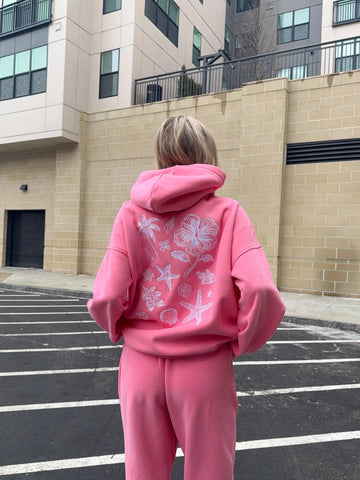Tropical Embroidery Hoodie in Vibrant Hibiscus Pink for Boho Summer Style