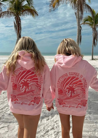 Pink Embroidered Hoodie with Inspirational Wave Design for Everyday Comfort