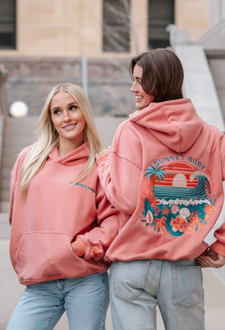 Sunset Surf Hoodie in Coral Hibiscus for Cozy Everyday Adventures