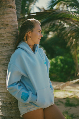Cozy Embroidered Hoodie in Soft Blue with Inspirational Wave Design