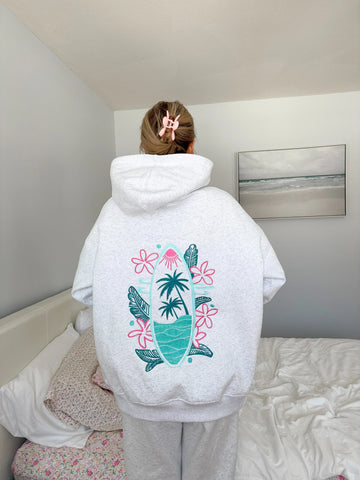 Pearl Grey Embroidered Hoodie with Surf Wave Design for Effortless Street Style