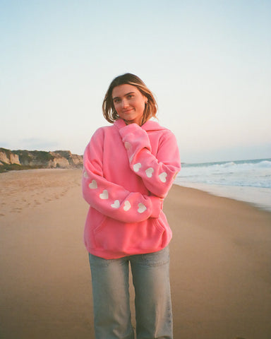 Vintage Washed Pink Oversized Hoodie with Heart Sleeve Detail