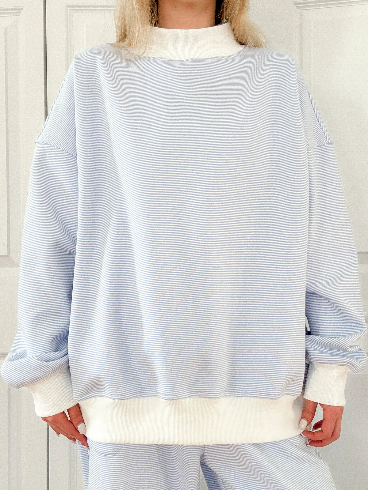Mini Striped Mockneck Sweatshirt in Blue and White for Effortless Layering