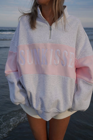Pearl Grey Quarter Zip Sweatshirt with Pink Floral Embroidery