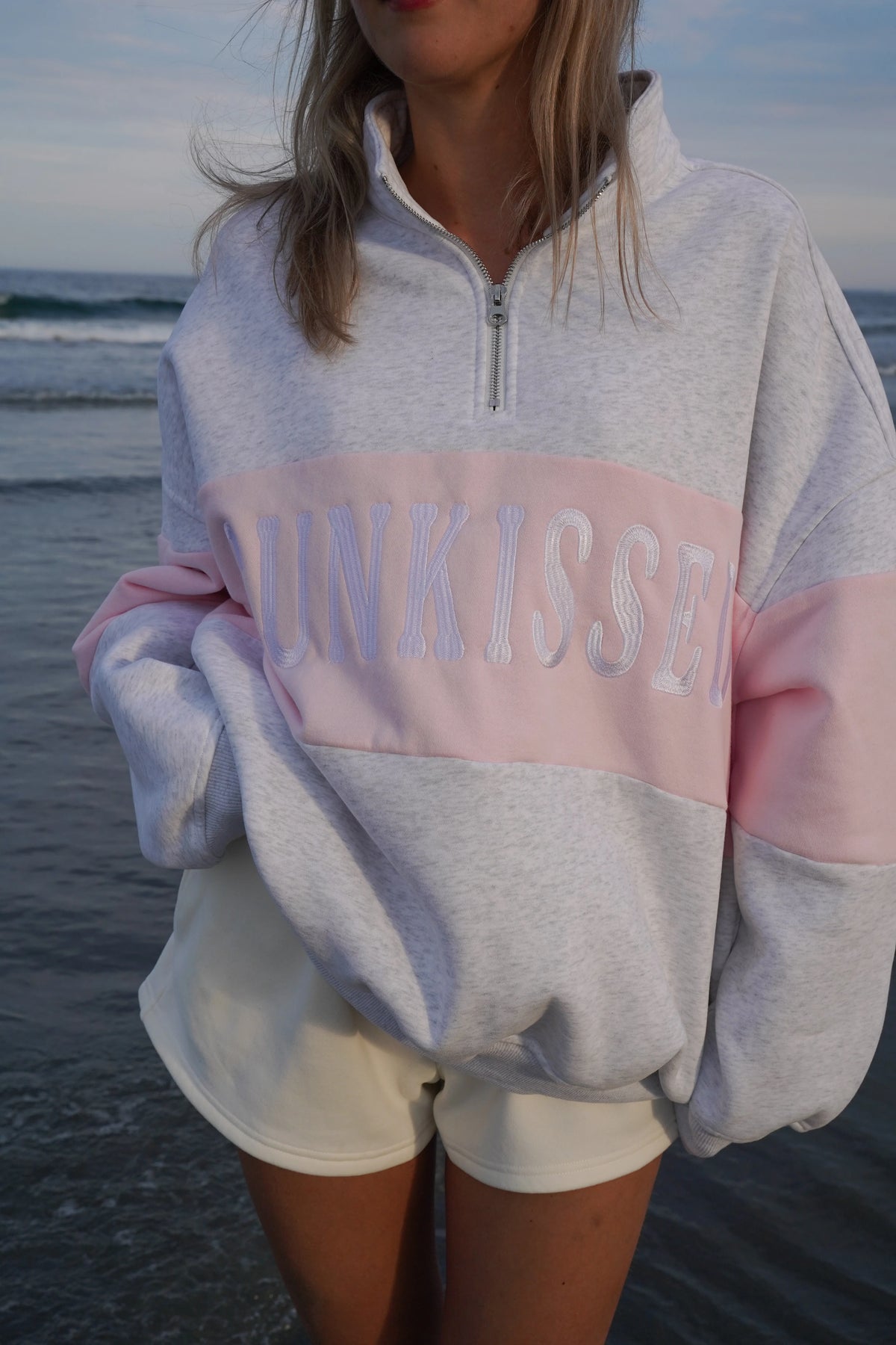 Pearl Grey Quarter Zip Sweatshirt with Pink Floral Embroidery