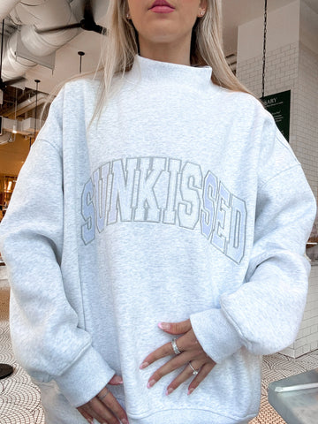 Pearl Grey Mockneck Sweatshirt with Embroidered Varsity Style