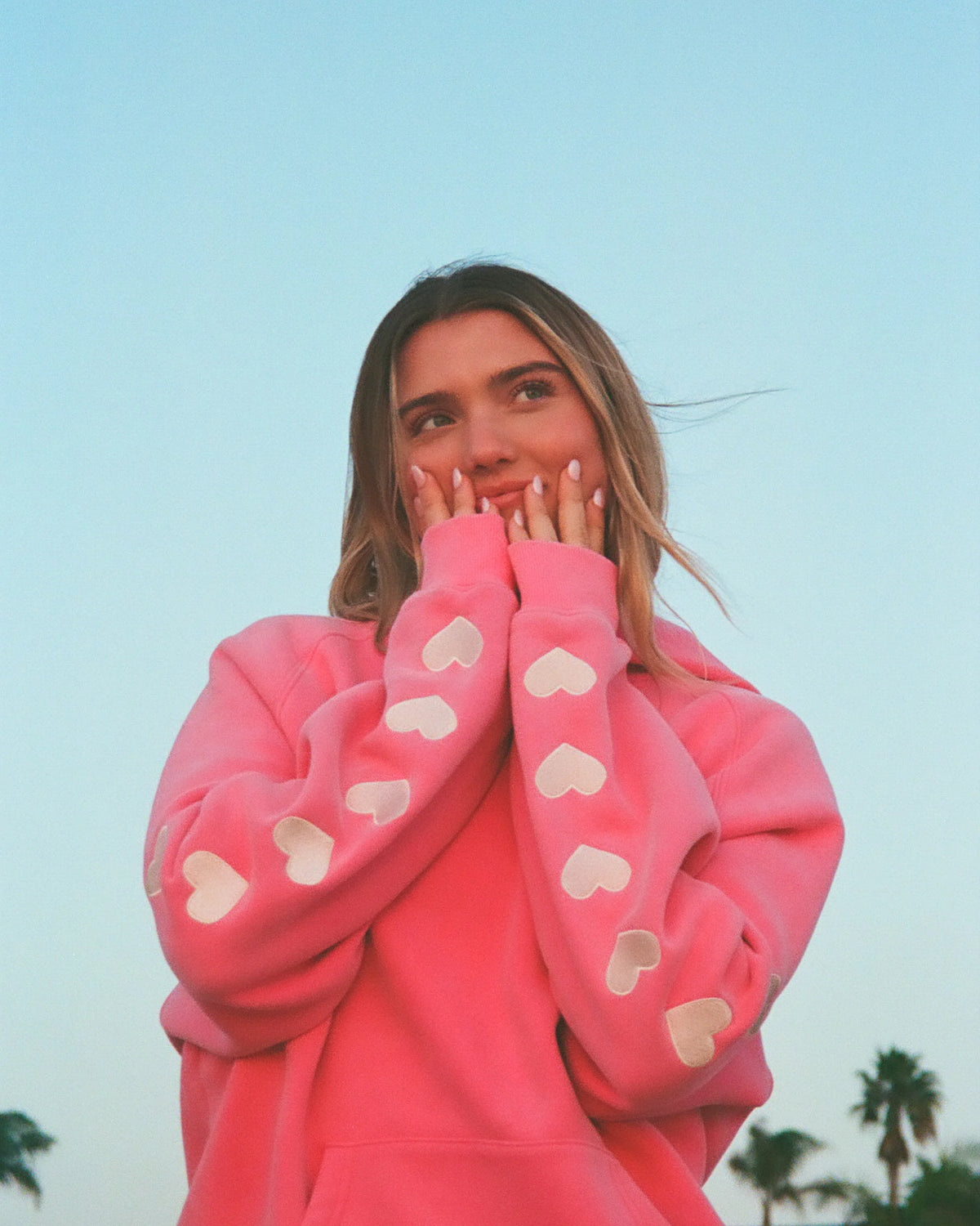 Vintage Washed Pink Oversized Hoodie with Heart Sleeve Detail