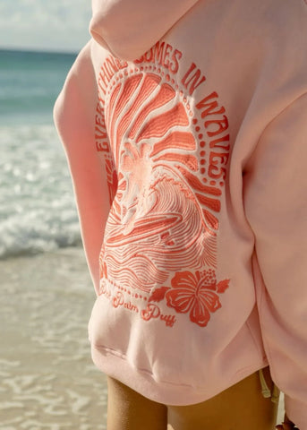 Pink Embroidered Hoodie with Inspirational Wave Design for Everyday Comfort