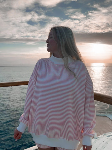 Soft Pink and White Striped Mock Neck Sweatshirt for Effortless Everyday Style