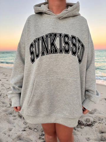 Oversized Grey Varsity Hoodie with Embroidered Sun Motif