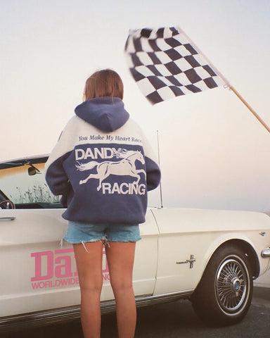 Oversized Blue Hoodie with Racing Heart Patchwork for Effortless Streetwear Style