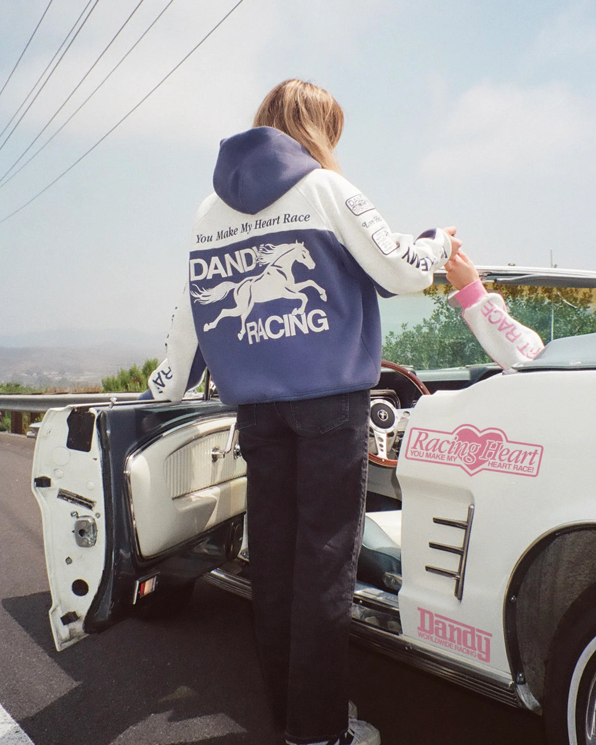 Oversized Blue Hoodie with Racing Heart Patchwork for Effortless Streetwear Style