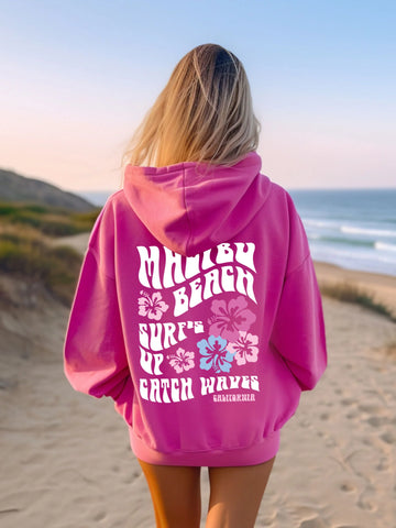 Malibu Beach Surf Hoodie with Hibiscus Flowers for a Cozy Coconut Girl Vibe