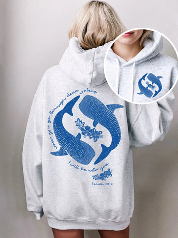 Inspirational Double Sided Whale Shark Hoodie with Bible Verse Isaiah 43:2