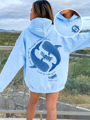 Inspirational Double Sided Whale Shark Hoodie with Bible Verse Isaiah 43:2