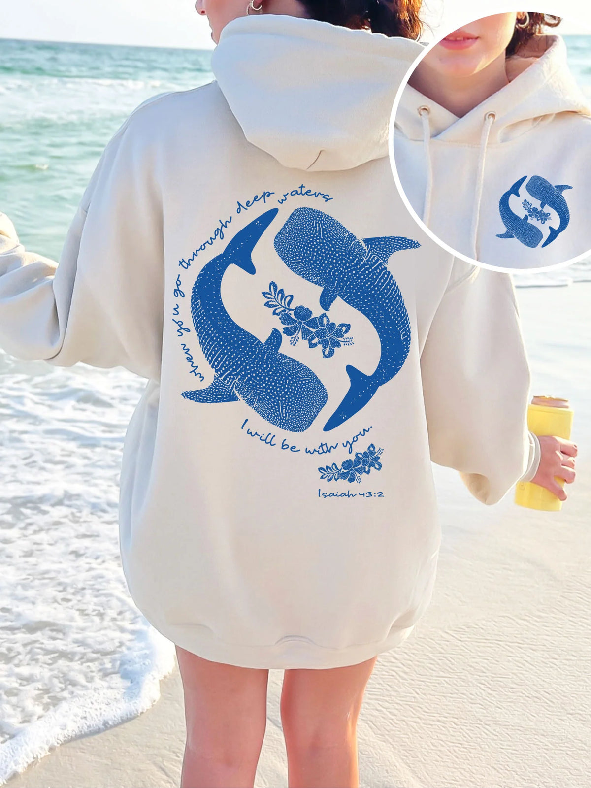 Inspirational Double Sided Whale Shark Hoodie with Bible Verse Isaiah 43:2