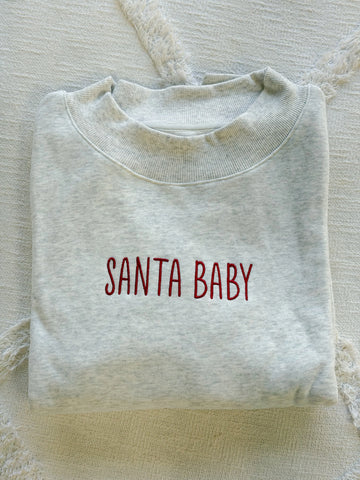 Cozy Pearl Grey Mockneck Sweatshirt with Playful Santa Baby Embroidery