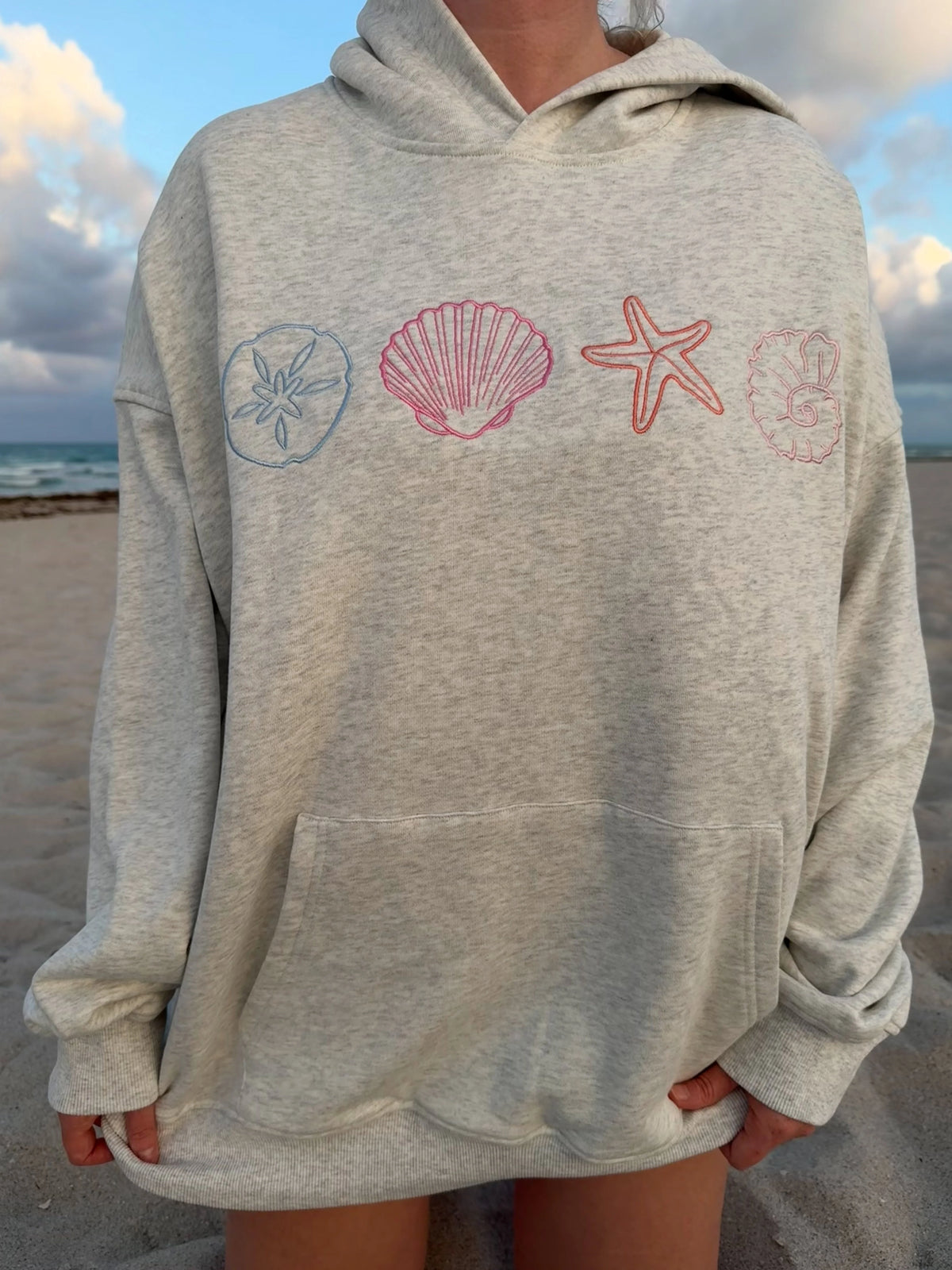 Cozy Oat Milk Grey Hoodie with Seashell Embroidery - Everyday Essential