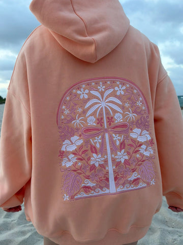 Vibrant Sherbet Orange Hoodie with Tropical Palms Print