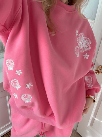 Tropical Embroidered Sweatshirt in Blooming Hibiscus Pink