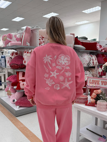 Tropical Embroidered Sweatshirt in Blooming Hibiscus Pink