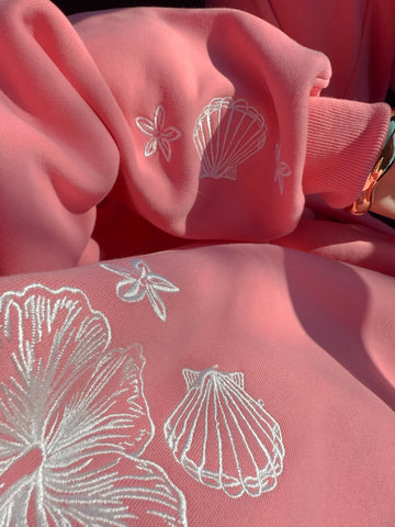 Tropical Embroidered Sweatshirt in Blooming Hibiscus Pink