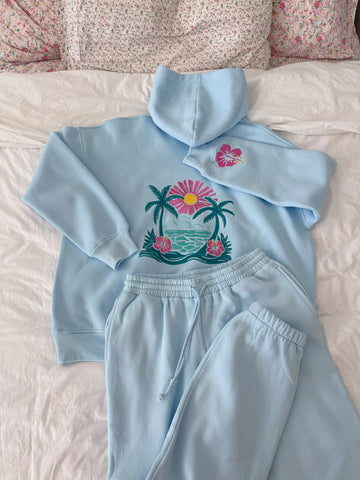 Icy Blue Embroidered Hibiscus Hoodie for Beach Day Style