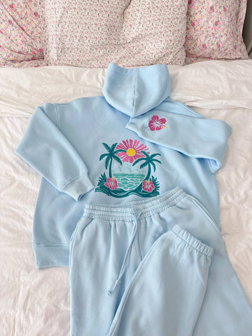Icy Blue Embroidered Hibiscus Hoodie for Beach Day Style