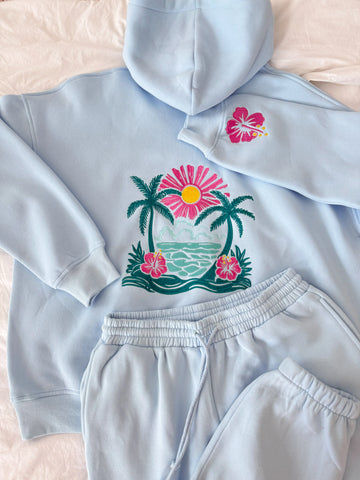 Icy Blue Embroidered Hibiscus Hoodie for Beach Day Style