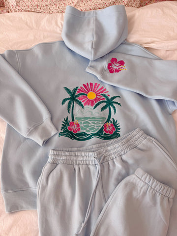 Icy Blue Embroidered Hibiscus Hoodie for Beach Day Style